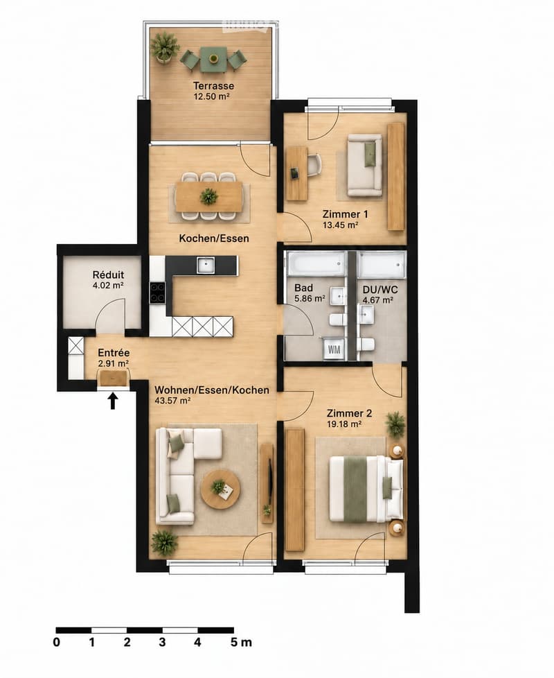 Floor plan of a modern apartment with a living/dining/kitchen area, two bedrooms, a bathroom, a separate WC, and a terrace.