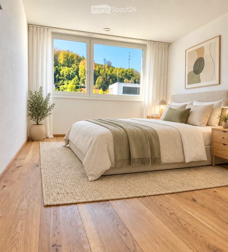 Modern bedroom with a large bed, nightstands, lamps, a rug, and a potted plant near the window offering a scenic view.