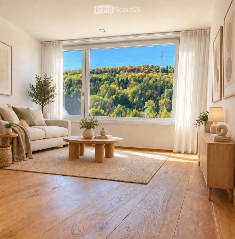 Bright living room with large windows offering a scenic view, featuring a white sofa, coffee table, side table, floor lamp, sideboard, and decorative plants.