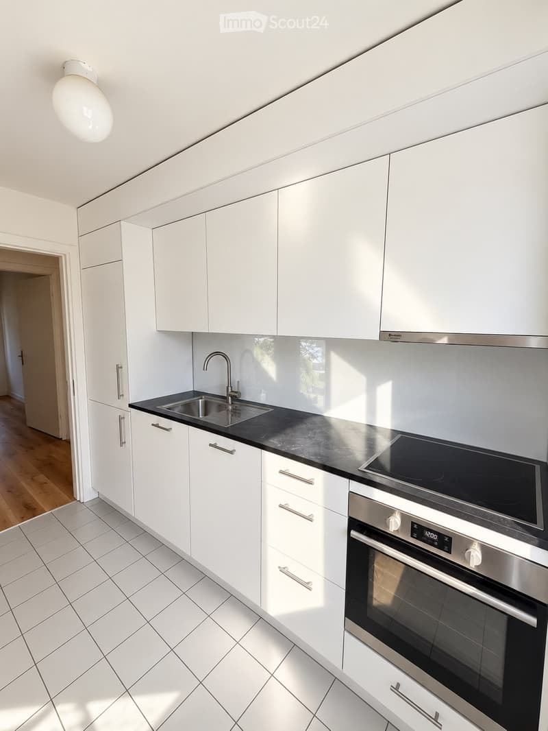 Modern kitchen with white cabinets, black countertops, stainless steel sink, and built-in oven.