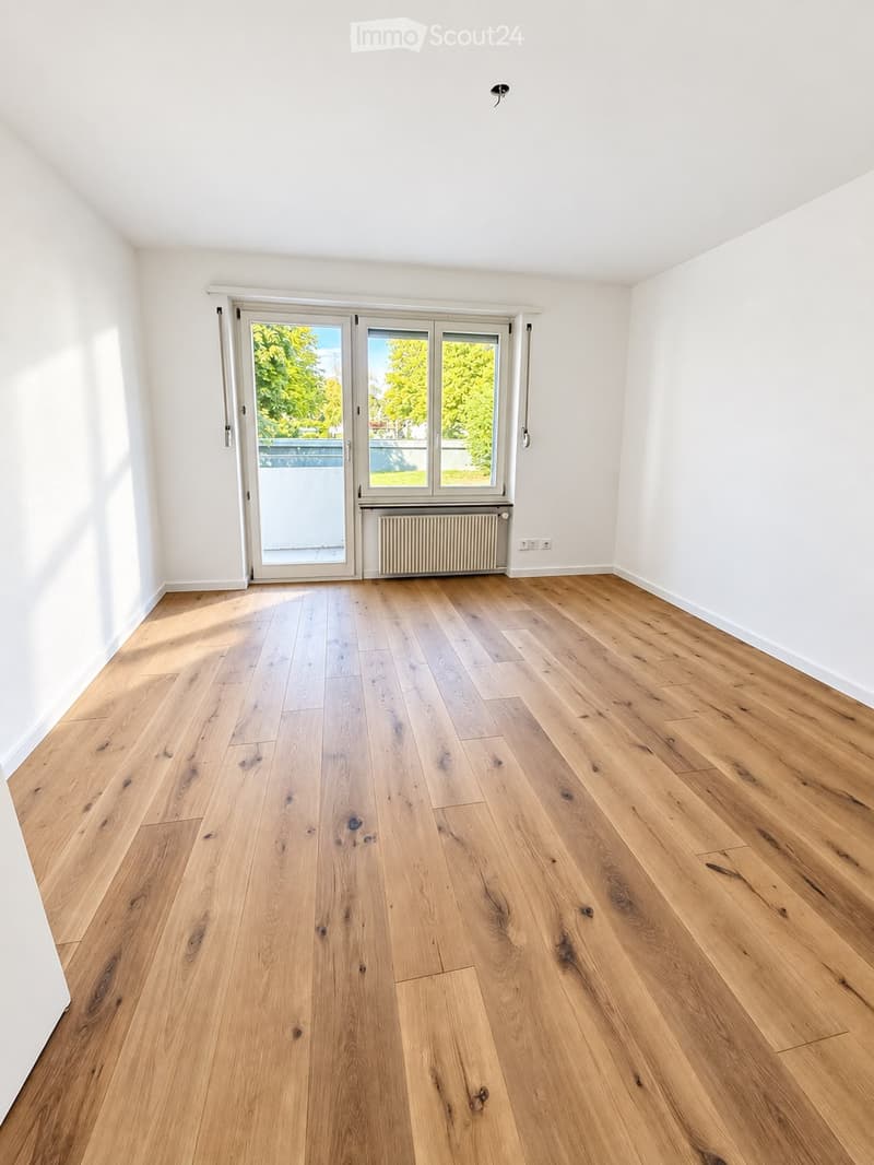 Empty room with light wooden flooring, white walls, and a large sliding glass door leading to a balcony or outdoor area.