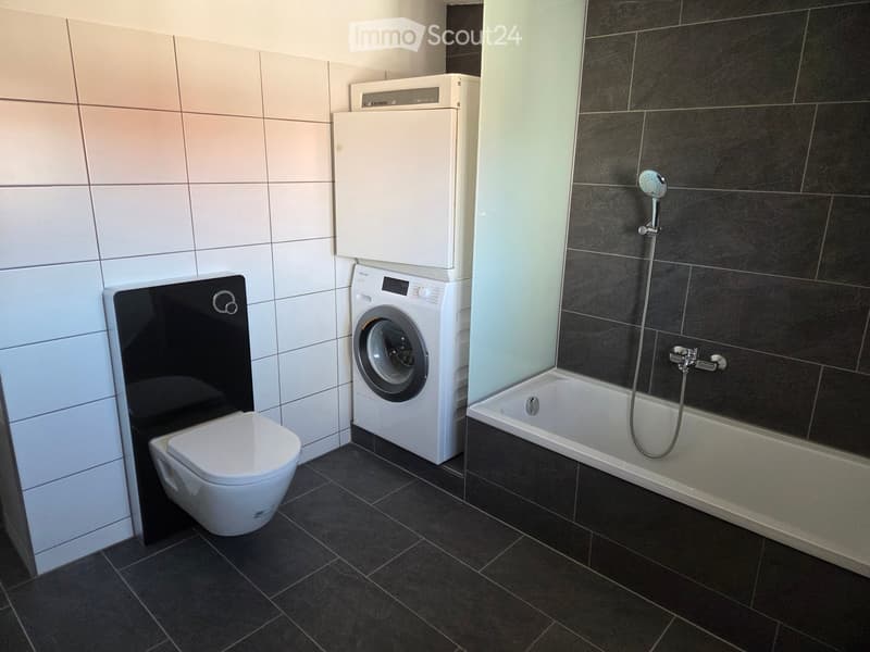 Modern bathroom with a toilet, bathtub, shower, and a private washing machine.