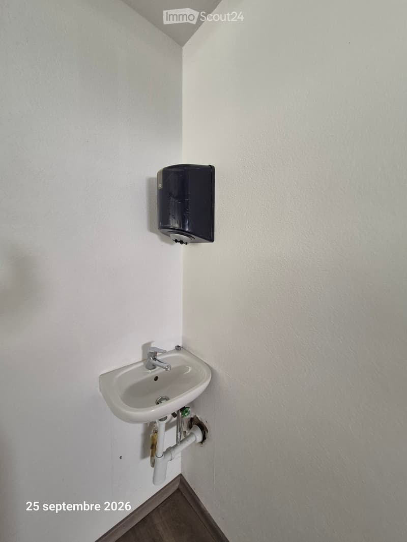 Corner bathroom with a white sink, chrome faucet, and a black toilet paper holder mounted on the wall.