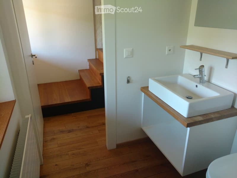 Modern bathroom with wooden flooring, white sink, chrome faucet, and a small wooden shelf above the sink.