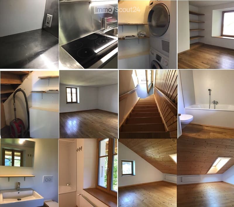 A collection of unfurnished rooms including a kitchen, bathroom, hallway, and living area. Each room features wooden flooring, white walls, and minimal furnishings. The kitchen has a sink and stove, the bathroom includes a bathtub and toilet, and the hall