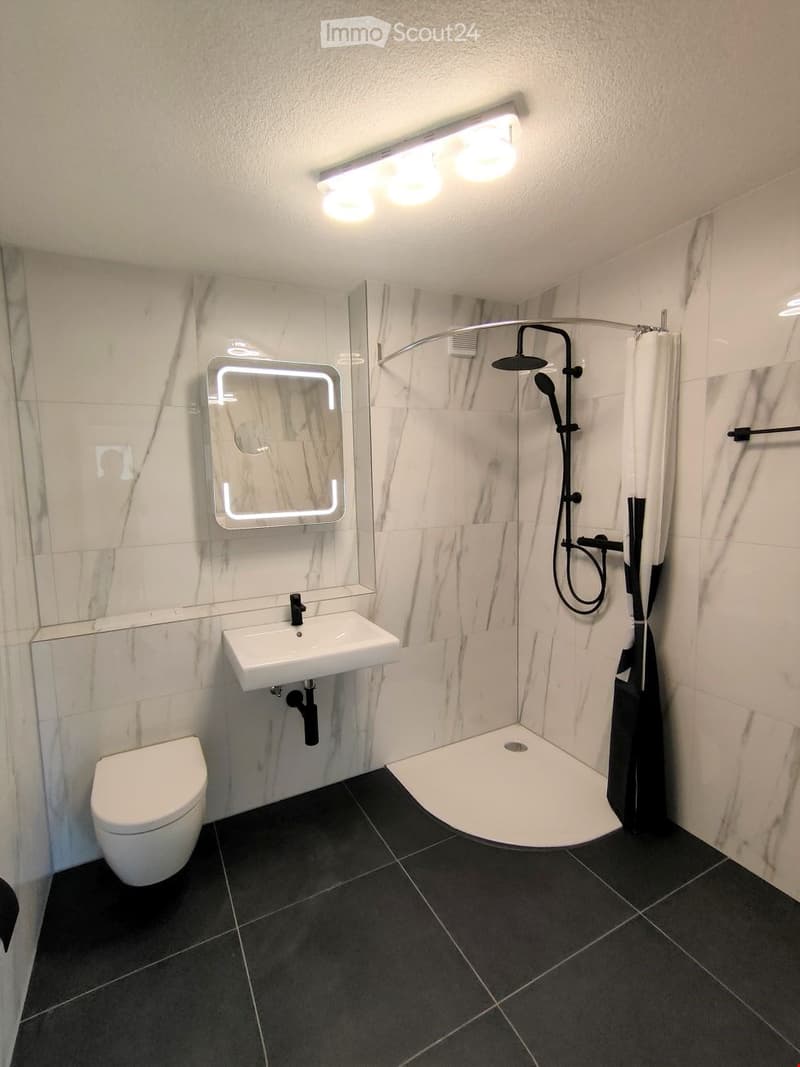 Modern bathroom with white marble tiles, black floor tiles, a toilet, a sink with a mirror, and a walk-in shower with a glass enclosure and a handheld showerhead.