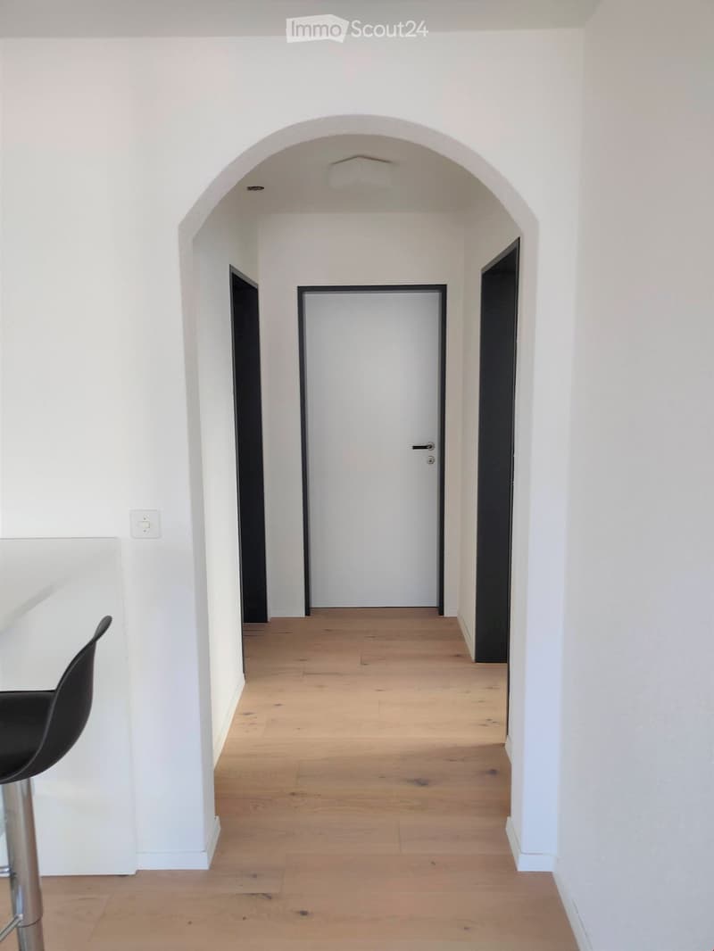 A modern, minimalist hallway with light wooden flooring, white walls, and several doors leading to other rooms.