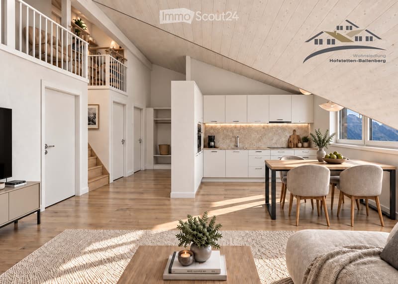 Modern, open-concept living and dining area with light wood flooring, white kitchen cabinets, a dining table with chairs, a sofa, coffee table, and decorative items including candles and a vase.