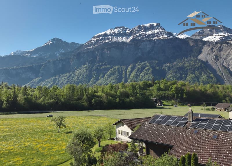 Scenic view of a house with solar panels on the roof, surrounded by a lush green field and snow-capped mountains in the background.