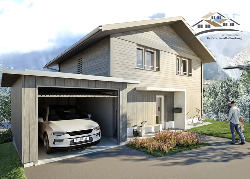 Detached house with a carport, beige wooden siding, white windows, bicycle parked, man and child walking in the foreground