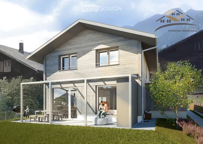 Modern architectural design, two-story house, wooden siding, large windows, glass canopy, outdoor seating area, barbecue, and outdoor dining furniture