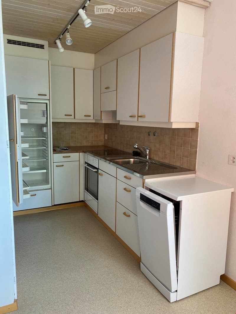 Modern kitchen with white cabinets, stainless steel sink, refrigerator, oven, and dishwasher. Light wood ceiling with track lighting.