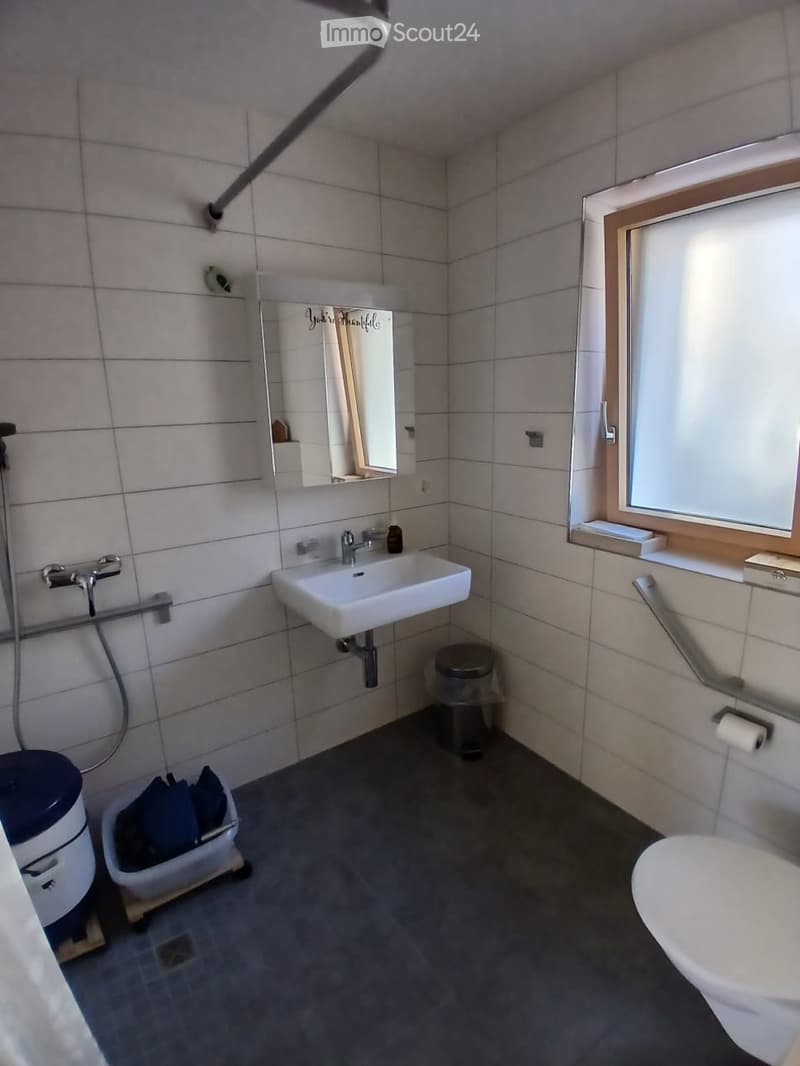 Modern bathroom with white tiled walls, a white sink, a mirror cabinet, a toilet, and a window with frosted glass. Handrails are installed for accessibility.