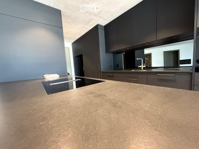 Modern kitchen with dark cabinets, a central island with a built-in induction cooktop, and a sleek countertop.