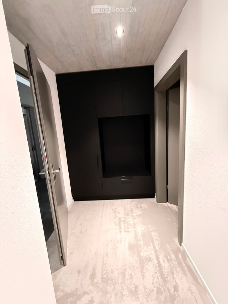 Modern hallway with light grey concrete floor, white textured walls, and recessed lighting. Features a closed black cabinet and open doors leading to other rooms.