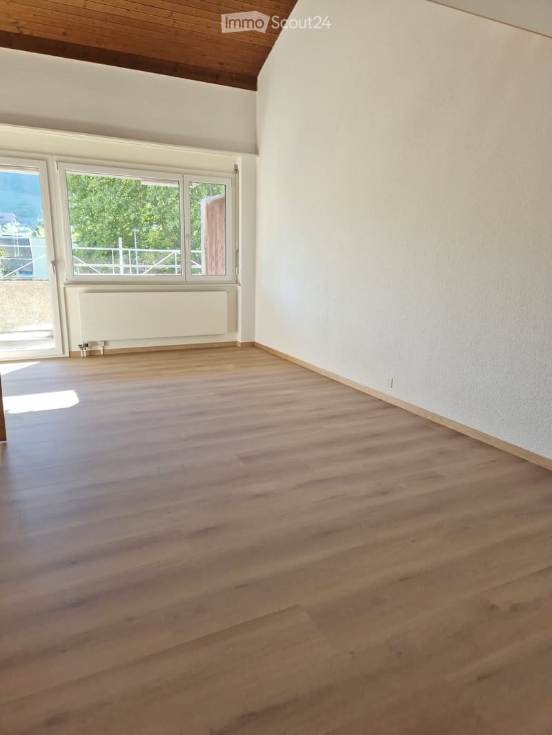 Empty room with wooden flooring, white walls, large window with view, radiator, and baseboard trim.