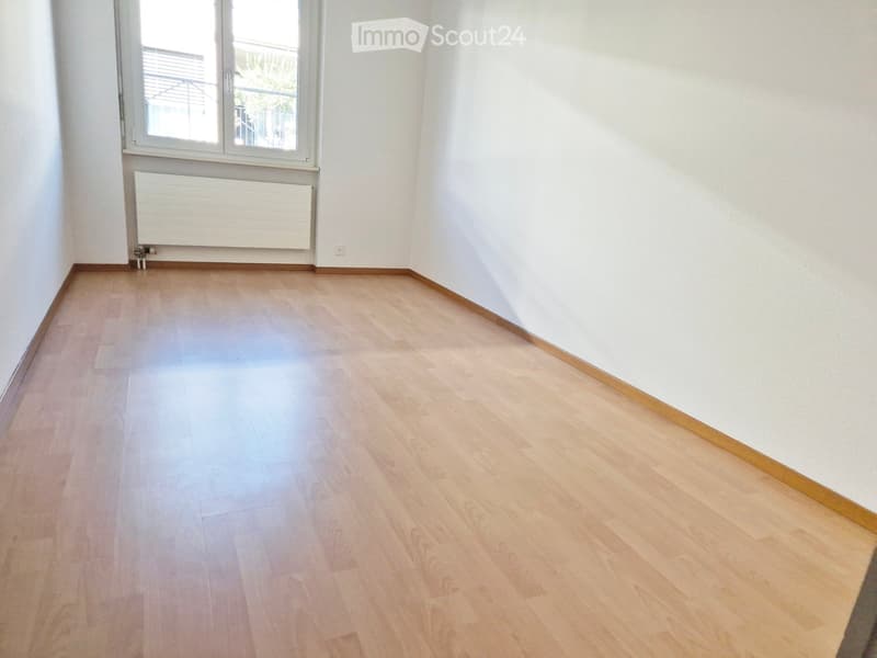 Empty room with light wooden flooring, white walls, and a large window with a radiator below it.
