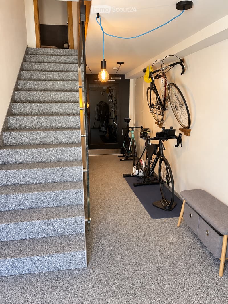Carpeted hallway with staircase on left, bicycle storage on right, bench, and hanging light fixture.