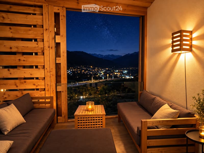 Cozy living room with wooden furniture, large window offering a night sky view, sofa, coffee table, and decorative lighting.