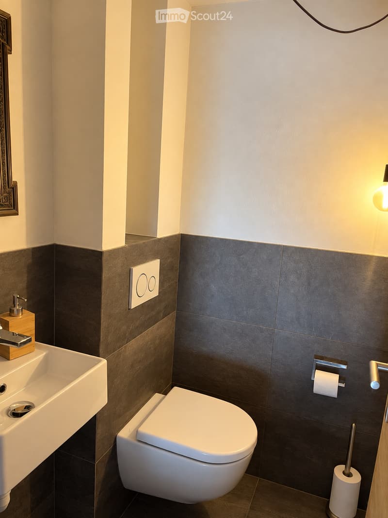 Modern bathroom with a white toilet, sink, and dark grey tiles. Includes a soap dispenser, toilet paper holder, and a toilet brush holder.
