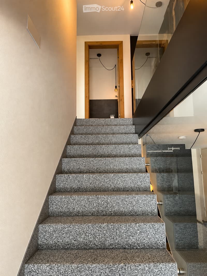Modern staircase with grey carpeted steps and a glass railing, leading to an open doorway with wooden frame.