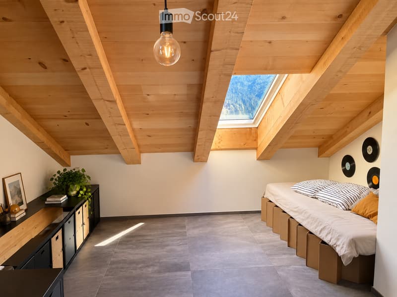 Modern attic bedroom with exposed wooden beams, skylight window, grey tiled floor, bed with white and blue bedding, nightstand with potted plant, picture frame, and vinyl records on wall.