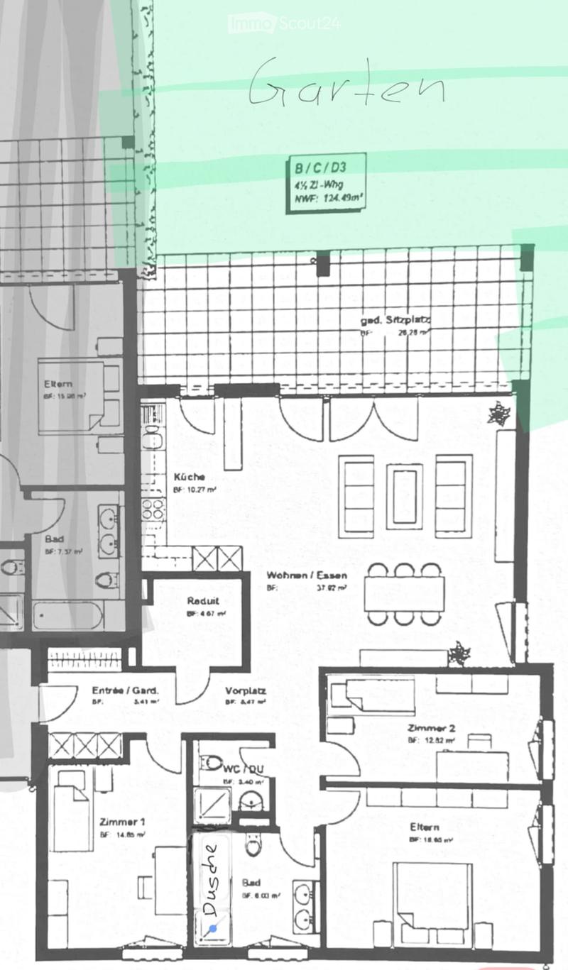 Floor plan of a multi-room apartment with labeled rooms including kitchen, living/dining area, bedrooms, bathrooms, and entrance.