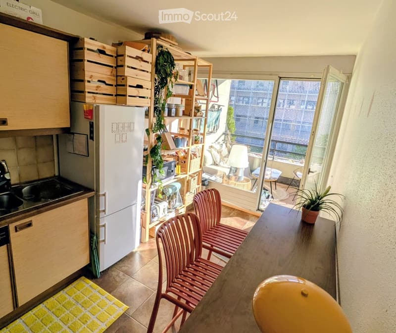 The image shows a modern kitchen with wooden cabinets, a refrigerator, a sink, and a dining area with chairs and a table. There is a shelf with jars and a hanging plant, and a small balcony with outdoor furniture is visible through the sliding glass door.