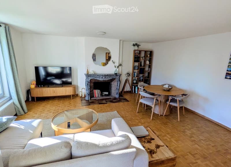 Modern living room with a grey sofa, glass coffee table, fireplace, TV, bookshelf, dining table, and chairs.