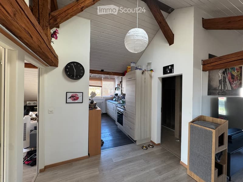 Open-plan living and kitchen area with wooden beams, exposed ceiling, modern kitchen with white cabinets, stainless steel appliances, and a cat tree in the corner.