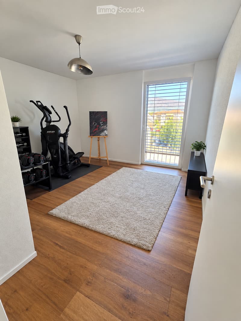Well-lit room with wooden flooring, exercise bike, weight rack, painting on an easel, side table with a potted plant, and a large white rug.