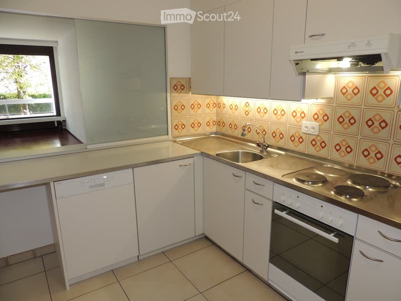 Modern kitchen with white cabinets, stainless steel appliances, and a decorative backsplash featuring orange and brown patterns. Includes a sink, dishwasher, oven, and stove.
