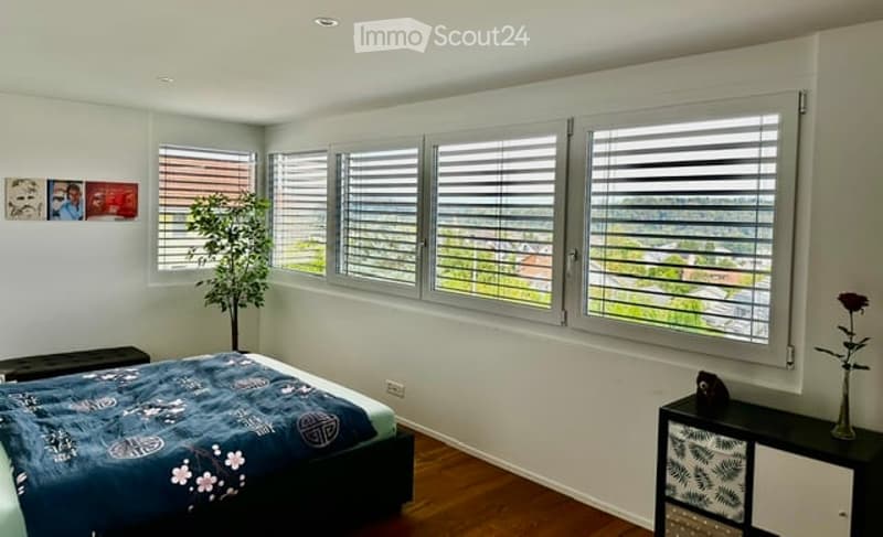 Bright bedroom with large windows, wooden floor, bed with blue comforter, nightstand, plant, and picture frames on the wall.