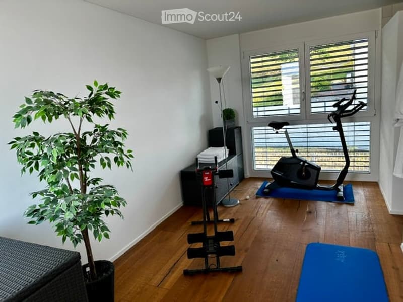 Well-lit room with wooden flooring, exercise bike, weight bench, potted plant, and floor lamp near large windows.