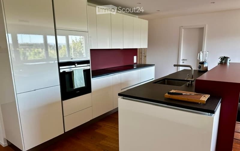 Modern kitchen with white cabinets, black countertops, stainless steel appliances, and a wooden floor.