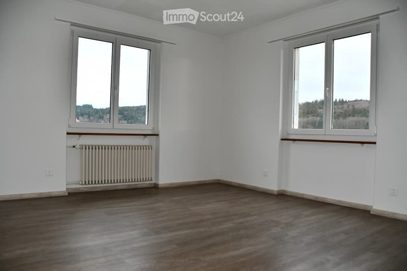 Empty room with wooden flooring, white walls, and large windows offering a scenic view. A radiator is visible under one window.