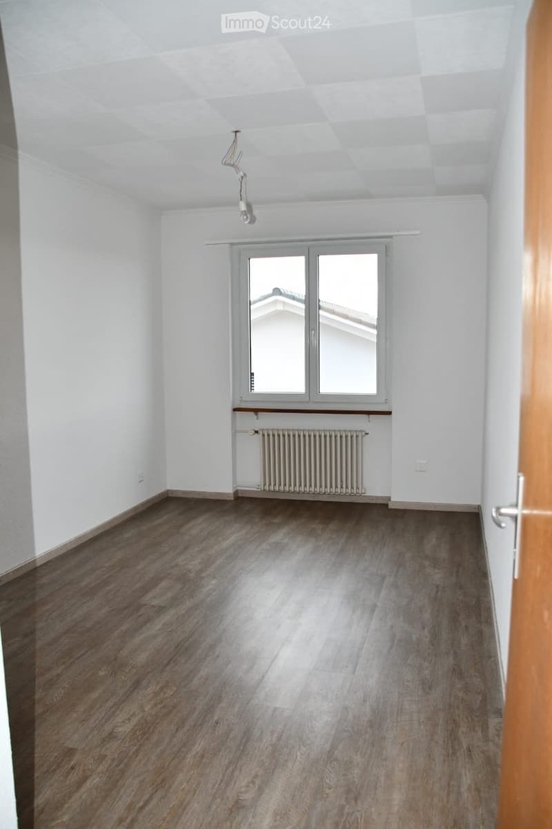 Empty room with wooden flooring, white walls, a window with a radiator below, and a ceiling light fixture.