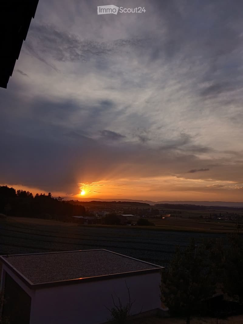 View from a rooftop showing a rural landscape with fields, trees, and a sunset over distant hills.