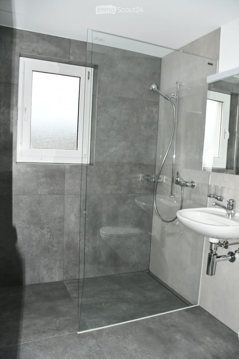 Modern bathroom with grey tiles, glass shower enclosure, white sink, and chrome fixtures.