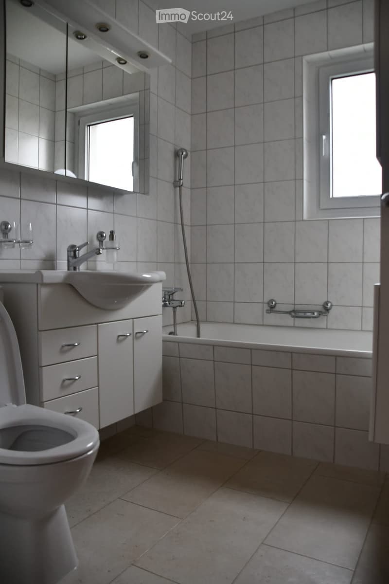 Modern bathroom with white tiles, a toilet, a sink with a mirror, and a bathtub with a showerhead.