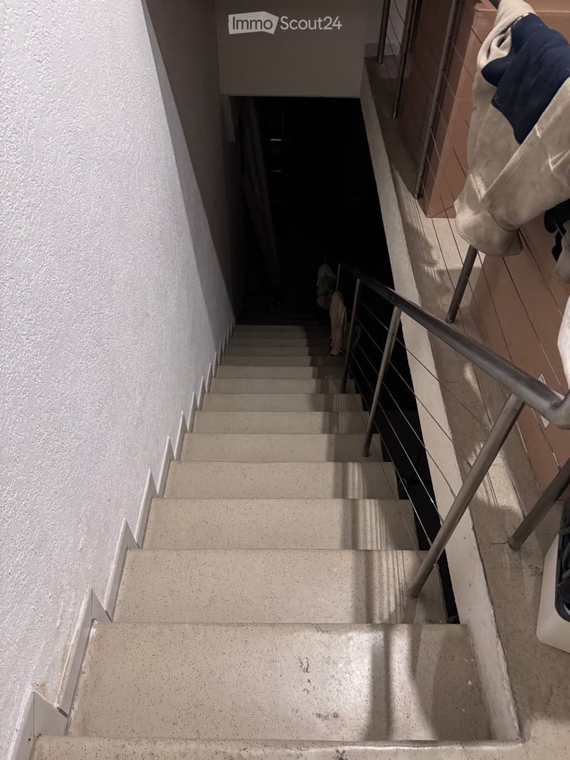 Staircase with concrete steps, white handrails, and a metal balustrade leading upwards.