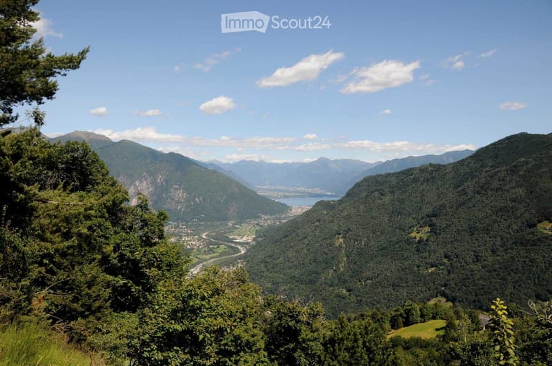 Panoramic mountain view with lush green forests, a lake, and a town nestled in the valley below.