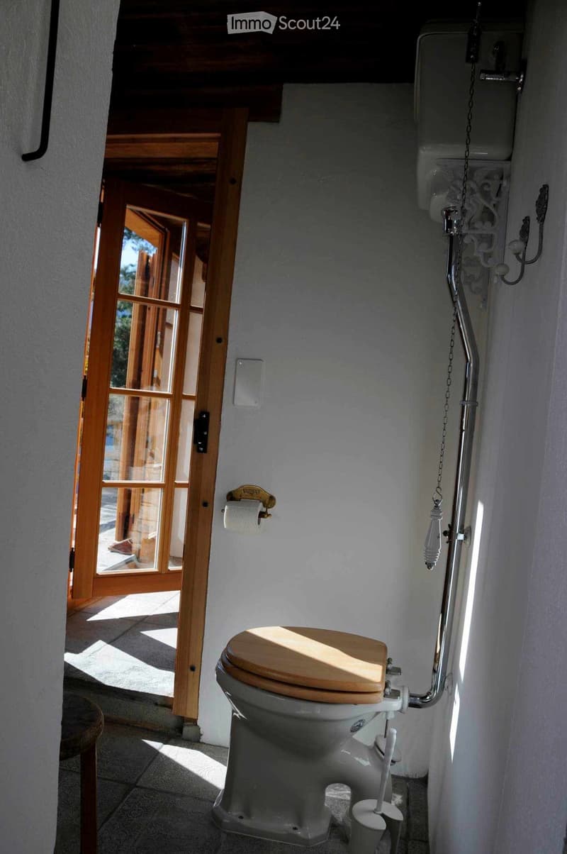 Bathroom with a toilet, toilet paper holder, toilet brush, and a small wooden stool near the door.