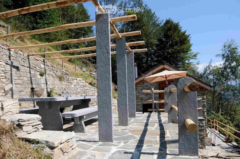 Outdoor seating area with stone table, bench, and umbrella near a stone house, surrounded by greenery and wooden beams.