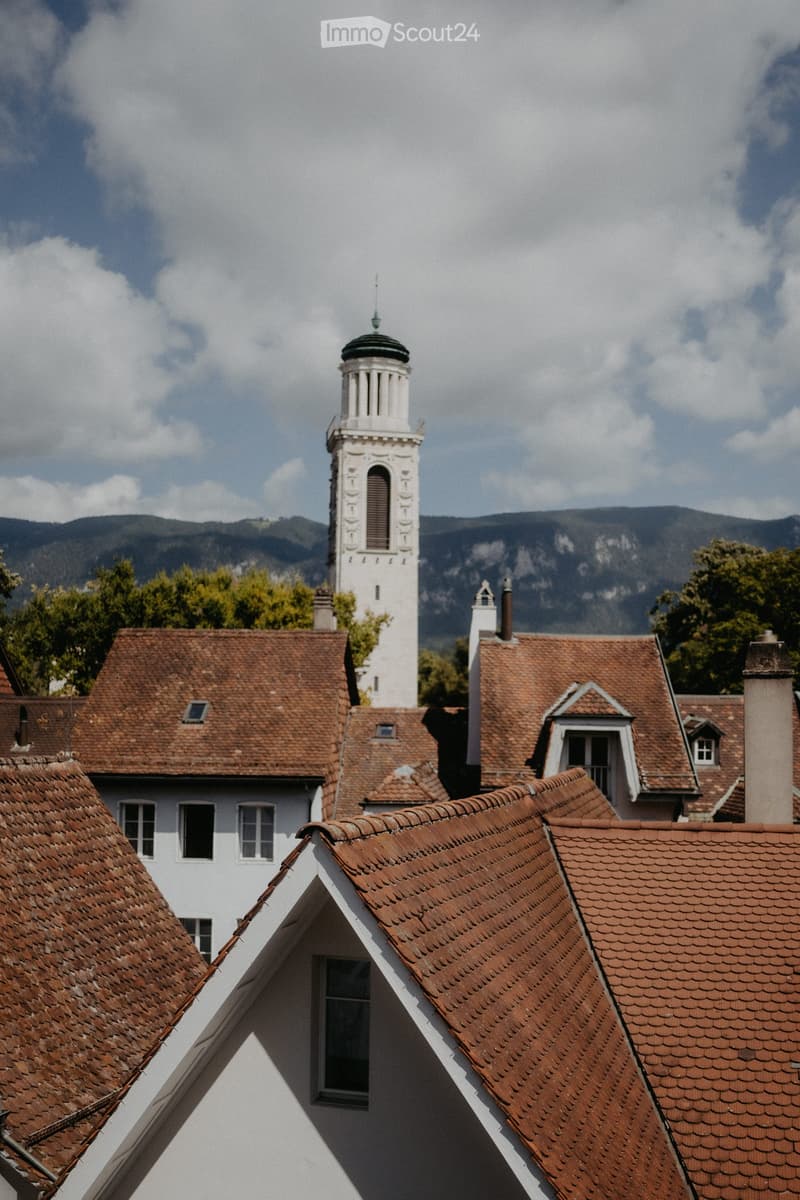 Close up of red tile rooftops, white tower visible, with mountains in the background