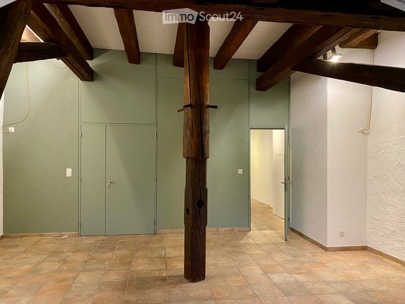 Empty room, wooden beam, tile floor, green walls, wooden door, open door