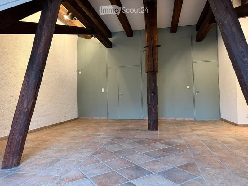 open space, wooden beams, tile flooring, metal columns, two gray doors, exposed electrical wires