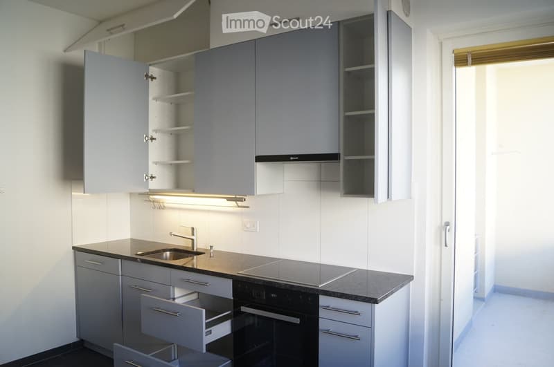Modern kitchen with grey cabinets, stainless steel sink, stove, and oven. Open shelving and built-in lighting.