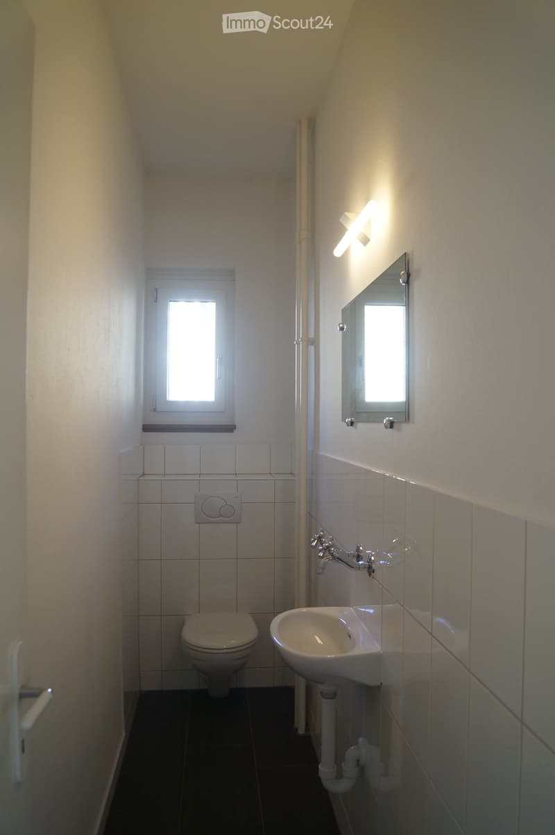 Small bathroom with a toilet, sink, and mirror. Light-colored tiles on walls and dark tiles on the floor.