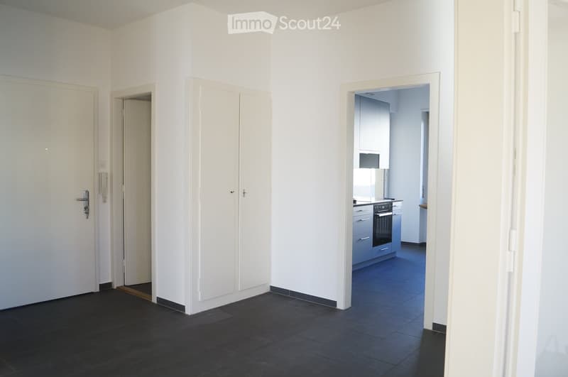 A clean, modern hallway with white walls and dark tiled flooring. Two doors are visible, one leading to a room and the other to a kitchen area with blue cabinets and appliances.